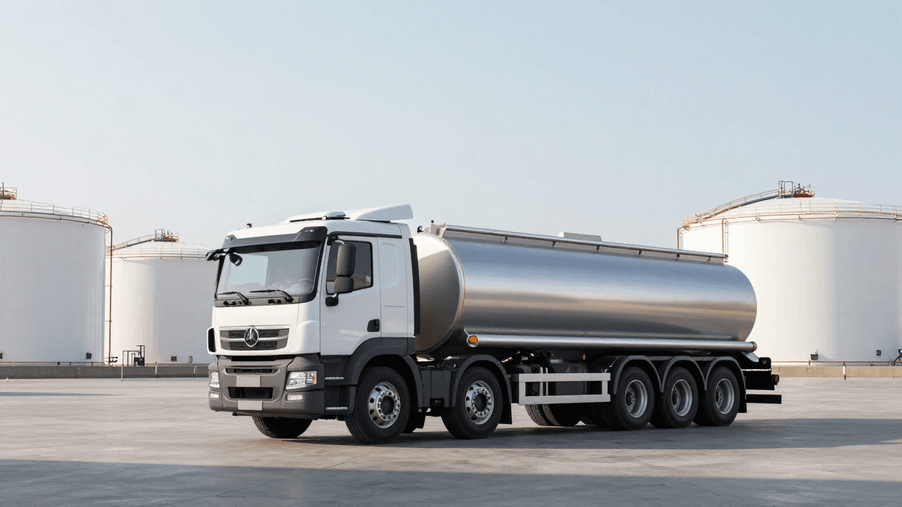 Tankwagen vor Raffinerie- oder Terminalanlage mit Silos und Rohrbrücken.
