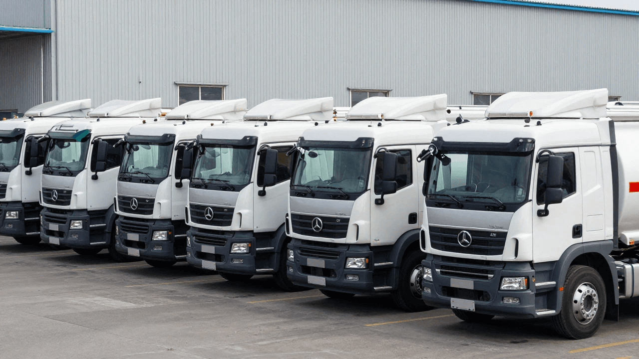 Mehrere Nutzfahrzeuge in Reihe vor Logistik- und Hallengebäude.